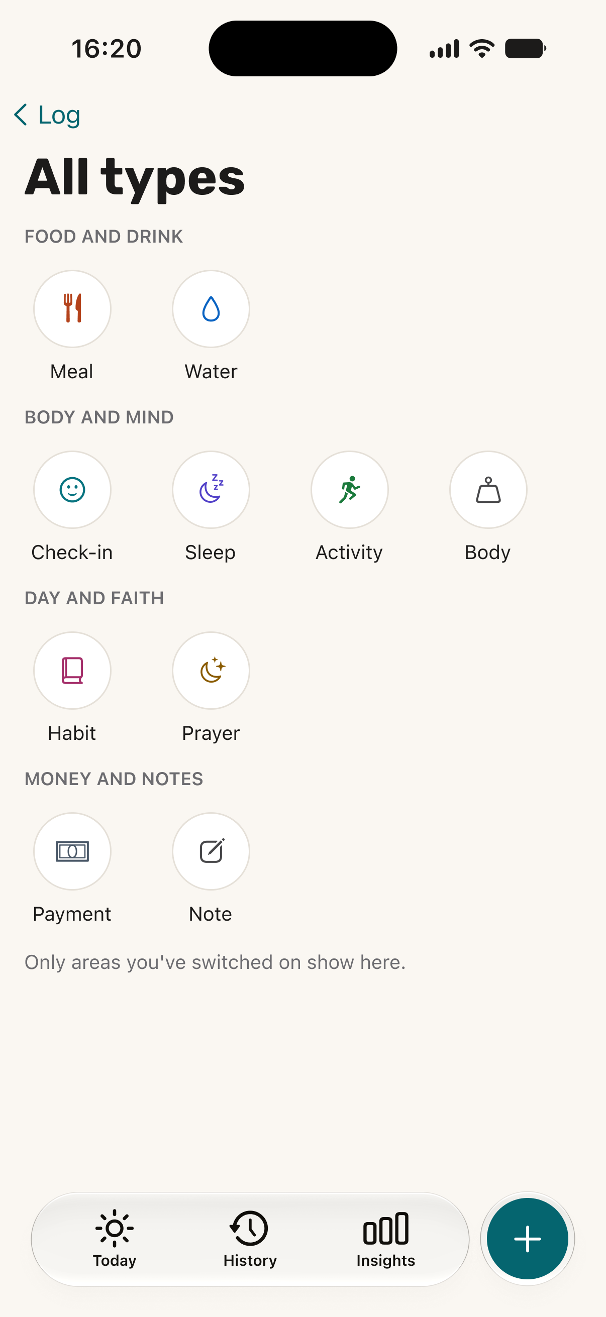 Maalin's Log screen, All types: meal, water, check-in, sleep, activity, body, habit, prayer, payment and note.